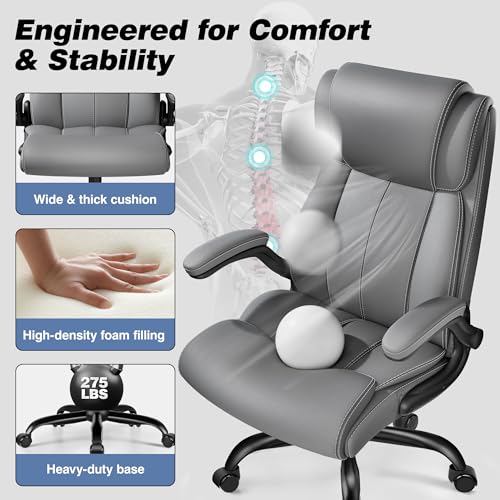 Image of BESTFAIR Ergonomic Office Chair, Adjustable Lumbar Support, High Back, Gray | Inflatable Lumbar for Custom Comfort, Flip-Up Arms, 21 inch Wide Seat, Scratch-Resistant PU Leather, Rocking Function, 4 Pack
