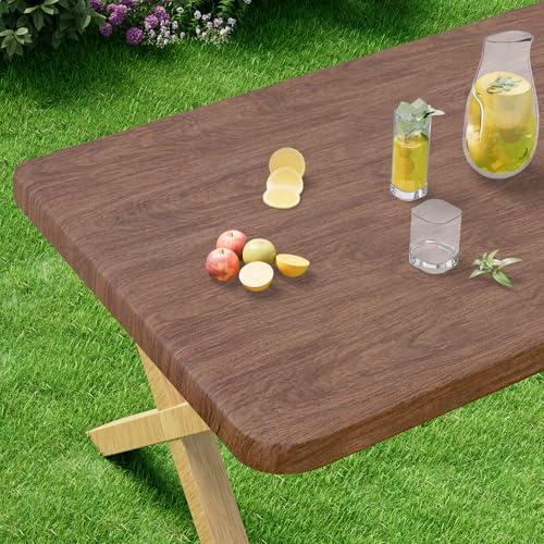 misaya Rectangle Vinyl Tablecloth Fitted Table Cover Waterproof Elastic Edge Plastic Table Cloth Fit 6 Foot Folding Tables for Picnic Indoor and Outdoor (Oak Wooden Grain 30 x 72 inch)