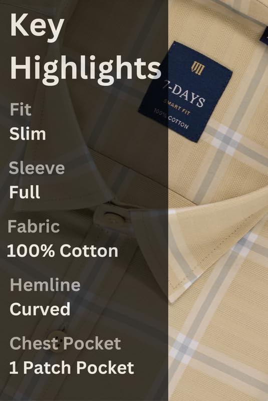 Image of 7-DAYS Men's Premium Check Shirt - 100% Cotton, Tailored Fit (Between Slim & Regular), Full Sleeve, with Pocket - Smart Office & Casual Look