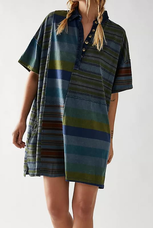 Image of NUFIWI Y2K Striped Shirt Mini Dress for Women Oversized Stripe Tunic Tshirt Dresses Short Sleeve Buttons Loose Fit Tee Dress