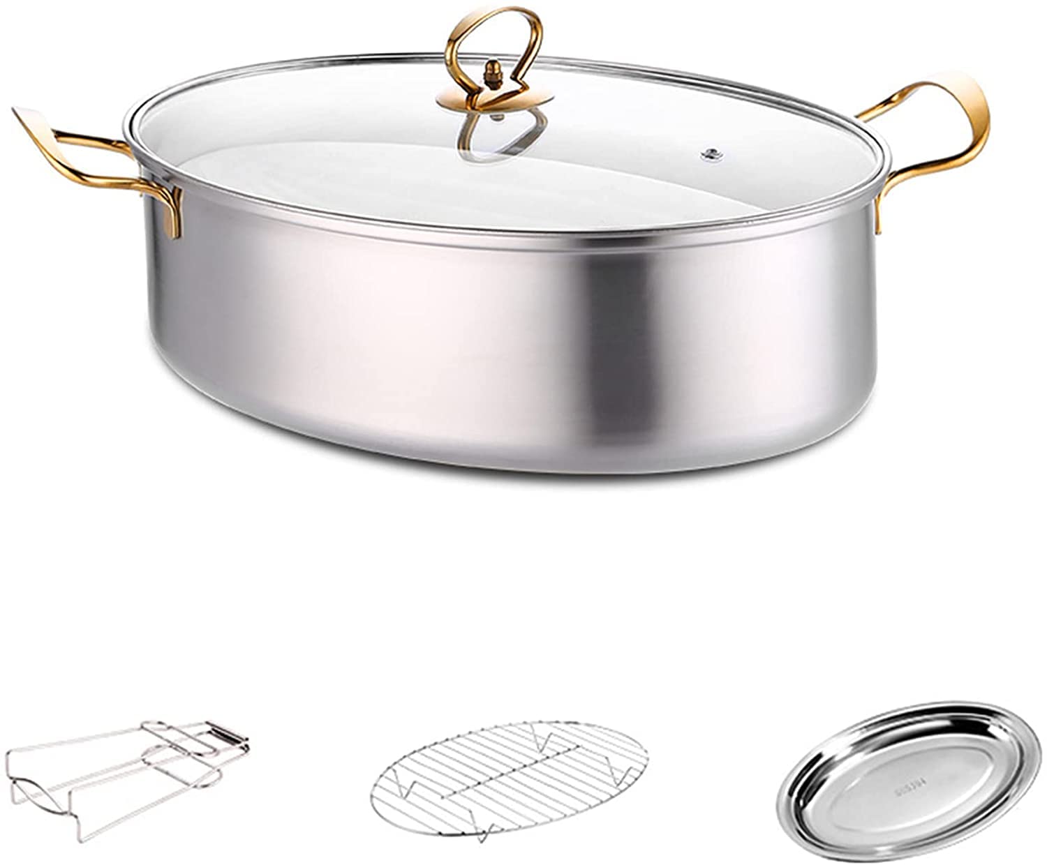 Ensemble de cuiseur à vapeur ovale en acier inoxydable 304 avec marmite de 8 pintes, couvercle en verre visible, casserole et mandrin en acier inoxydable pour cuire le poisson à la vapeur, soupe bo