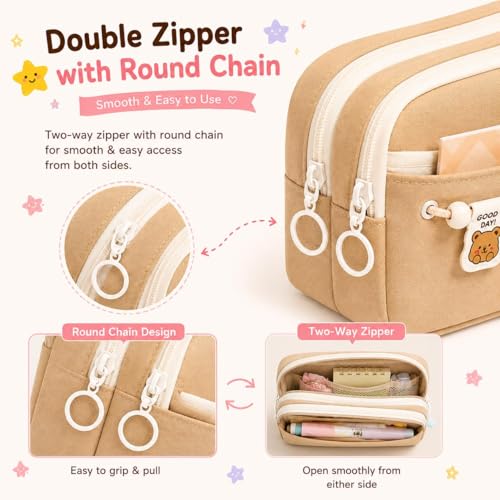 Image of Kawaii Cute Aesthetic Pencil Case 3 Layer 6 Compartment Large Capacity for Students | Pencil Pouch with Zipper | Cartoon Stationery Organizer Bag for Kids, Pencil Case for Girls & Boys (Brown)