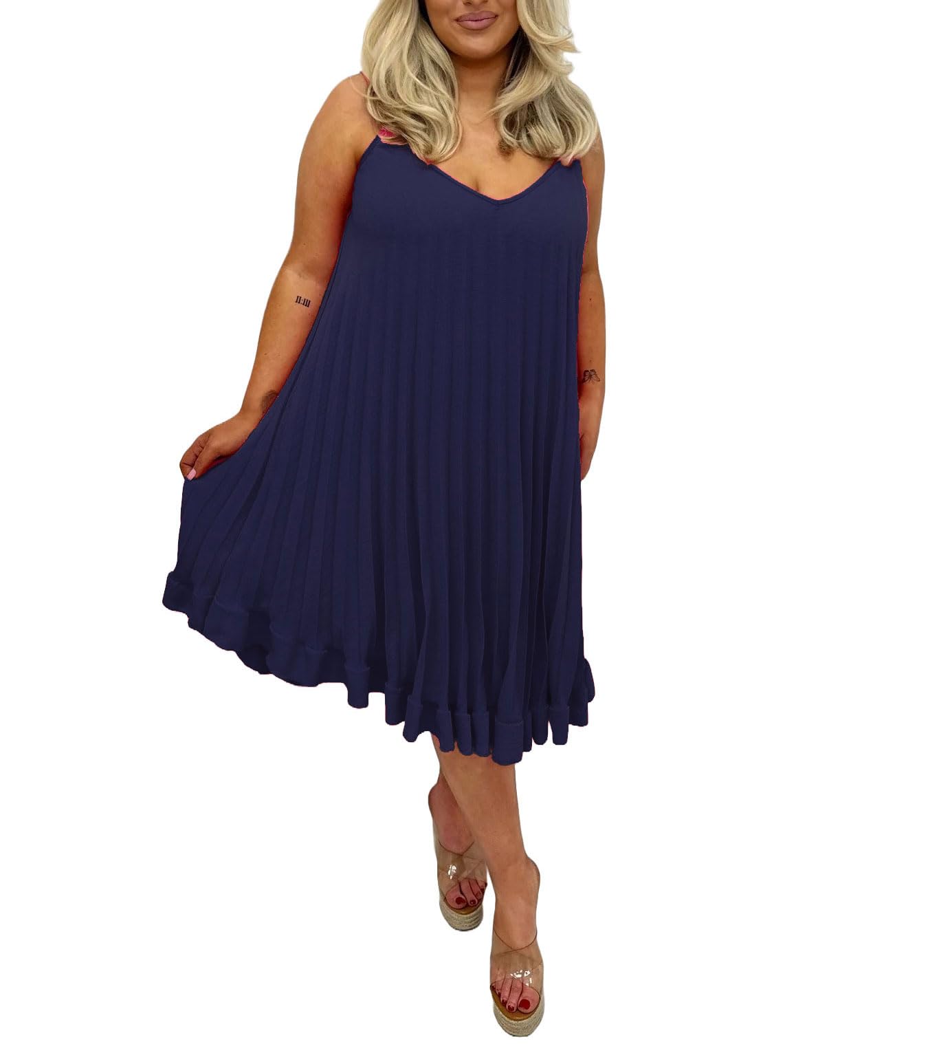 FAIRY BOUTIQUE Womens Plain Sleeveless Pleated Cami Swing Dress Ladies Oversized Summer Dress Strappy Frill Camisole Top (Navy UK 20)