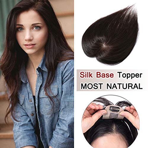 100% Density Human Hair Crown Toppers Silk Base Top Hair Pieces Clip in Hair Topper for Women with Thinning Hair Gray Hair/Hair Loss#02 Dark Brown 10 inches 20g