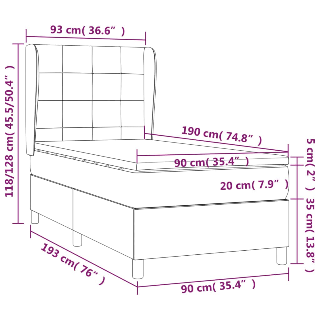 Łóżko kontynentalne z materacem 90 x 190 cm, ciemnobrązowy materiał, łóżko tapicerowane z zagłówkiem o regulowanej wysokości, materac ze sprężynami kieszeniowymi, trwała rama łóżka do