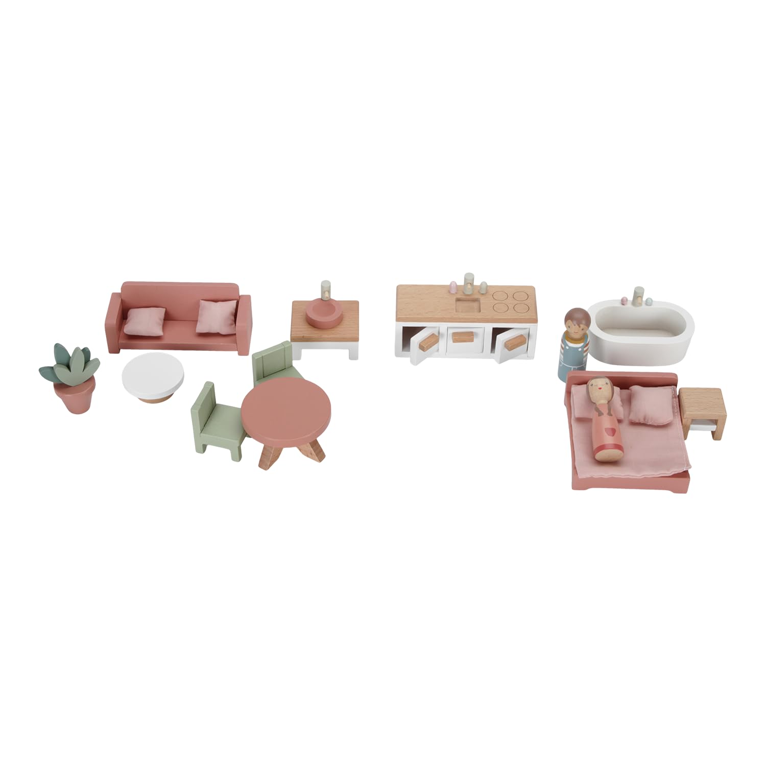 Little Dutch Casa de muñecas de madera portátil y plegable con muchos accesorios y figuras de juego, muebles rosa