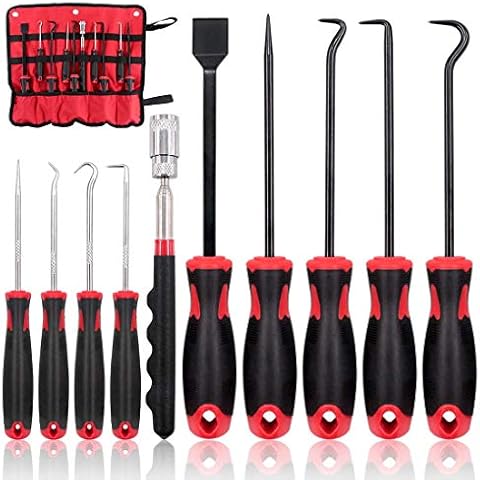 Swpeet 9Pcs Long Hook Set with Magnetic Telescoping Tool Kit, Precision Scraper Gasket Scraping Hose Removal Puller Hook Perfect for Automotive and Electronic Tools Cover