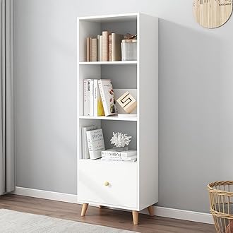 IOTXY Open Shelf Cube Bookcase - 59" Tall Mid-Century Large Bookshelf with Drawer and Deepen Display Storage Cabinet for Home Office, White