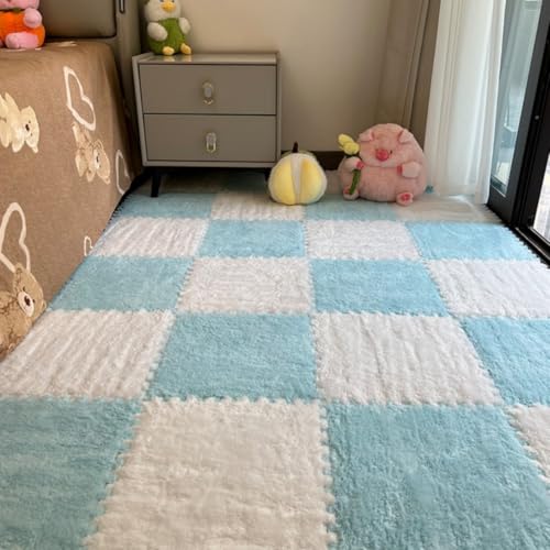 Image of 12Pcs Interlocking Carpet Tiles,12"x 12" Plush Interlocking Foam Carpet Tiles with Border,Fluffy Play Mat Floor Tiles Thick Padded Squares Foam Tiles for Playroom Decor (White+Light Blue)