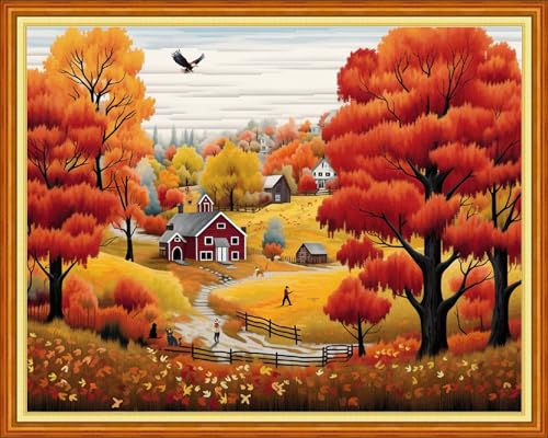 Image of Dimensean Stamped Cross Stitch Kits Full Range of Embroidery Patterns Starter Kits for Beginners Adult DIY Cross Stitches Needlepoint Kits 11CT-Deep Autumn Scenery 16x20 inch