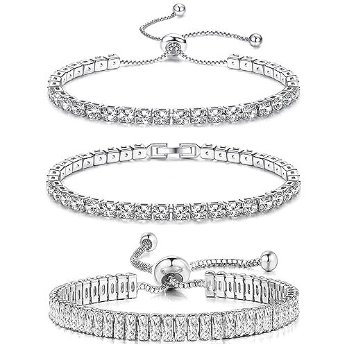 YADOCA 3 Pcs Tennis Bracelets for Women Silver Tone 4mm 5A+ Cubic Zirconia CZ Diamond Classic Tennis Slider Bracelet Fashion Jewelry Wedding Gift Adjustable Size 7 Inch
