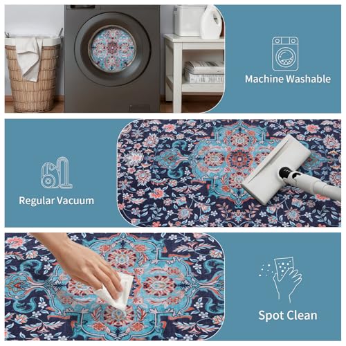 Tapete Boho Floral Lavable Azul 3 x 5 pies miniatura 4