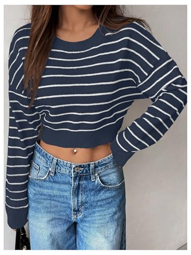 Image of Verdusa Women's Striped Y2k Crop Sweaters Crew Neck Long Sleeve Pullover Knitted Tops
