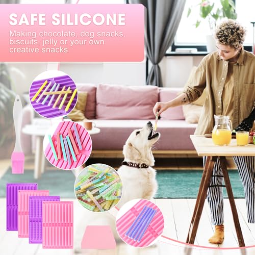 VFANDV 4 Stück Backmatte Hundekekse, 20 Riegel Silikonform Hundeleckerli, Silikon Backmatte Hundekekse, Backform Müsli Riegel, mit Teigspatel und Bürsten, für Selbstgemachte Hundesnacks Snacks