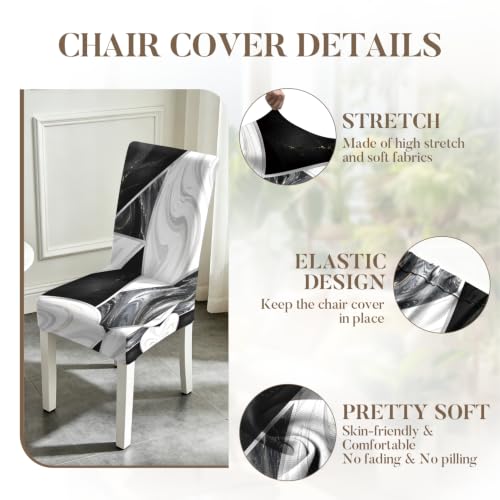 Image of Black White Marble Dining Chair Covers Set of 4, Stretch Covers
