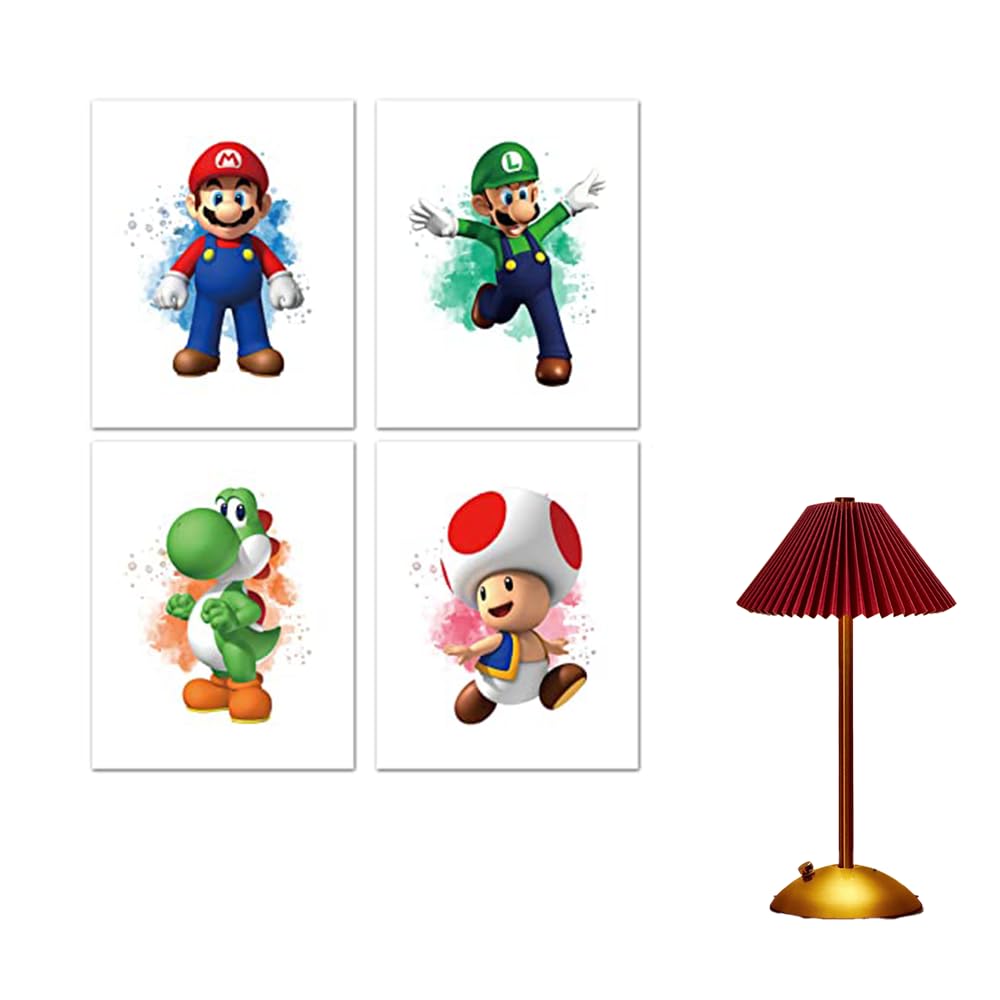 Cordless Metal Desk Lamp, Watercolor Super Mario Game Poster LED Table Lamp with Touch Sensor,3 Color Stepless Dimmable Battery Powered Lamp,Night Light
