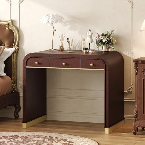 Image of JIVOIT Vintage Vanity Desk with Flip Mirror, Flip-Top Mirror with Hidden Storage, 3-in-1 Wood Dressing Table with 2 Drawers and Storage Space, Easy Assembly (Espresso,44)