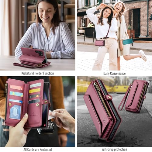 Strapurs Crossbody Wallet Case Compatible with Samsung Galaxy S23 Ultra 5G RFID Blocking 10-Card Holder Soft PU Leather Magnetic Snap Strap Zipper Pocket Phone Case Fit for Galaxy S23 Ultra - Wine Red by Strapurs - Used condition - Image 7