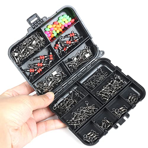 Image of Proberos 140pcs Fishing Swivel Snaps Kit Include Ball Bearing Swivel Snap Barrel 3 Way Triple Swivel Connector Clip Fishing Beads Fishing Accessories Fishing Set