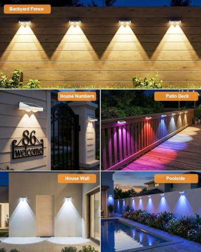 Image of 12 Pack Solar Fence Lights, Fence Lights Solar Powered with Ultra-Bright Lens Warm White + RGB 13 Color Mode IP65 Waterproo for Backyard /Step /Patio /Deck /Stair /Railings-White