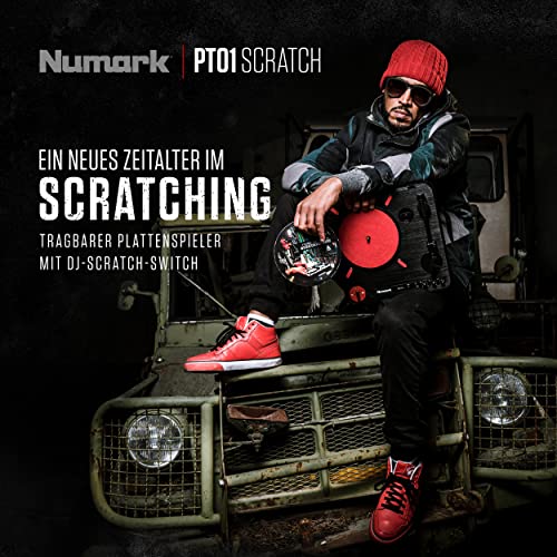 Numark PT01 Scratch Tragbarer DJ-Plattenspieler mit austauschbarem Switch, integriertem Lautsprecher, Batterie- oder Netzbetrieb, 3 Geschwindigkeiten und USB-Anschluss