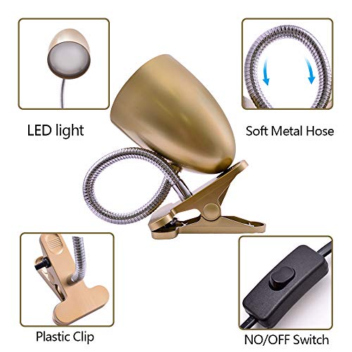 Energetic Clip On Lamp For Bed, Non-Dimmable Reading Light For Bed And Desk, 4000K Cool White, 3.5W 240 Lm Flexible Gooseneck Lamp, Eye Protection, Etl Listed, Gold #TOP3