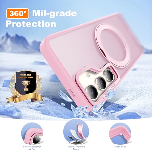 Image of for Samsung Galaxy S25 Plus Case with 360Rotatable Magnetic Ring Stand Compatible with Mag-Safe Military Protection Shockproof Matte Translucent Phone Cases for Galaxy S25+,Pink