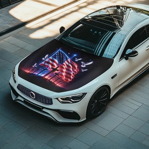 Image of American Flag Cross Print Car Hood Cover Stretchable Car Bonnet Banner Polyester Can be Washed Engine Cover Protective Vehicles Decorate Accessories