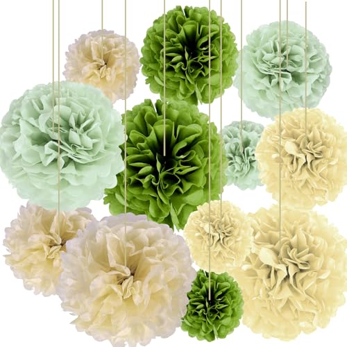 Tarqite Lot de 12 pompons en papier de soie vert sauge, vert sauge, crème, marron clair, beige, pompons, décoration pour anniversaire, mariage, fête de...