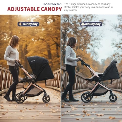Image of Baybee Baby Stroller Pram for 0-3 Years | Reversible Seat, Canopy, 3-Position Recline, Large Wheels, Lightweight Aluminium Frame | Strollers for Boys & Girls (Black)