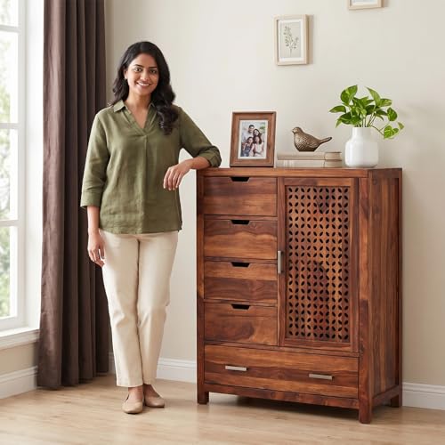 Image of Amazon Brand - Solimo Solid Sheesham Wood Truva Sideboard Cabinet with 5 Drawers & 1-Door Storage | Storage Cabinet for Living Room, Kitchen & Bedroom Organizer Chest of Drawers (Honey Finish)
