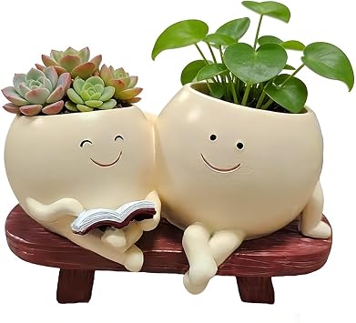 Smily Face Planter Pot, Cute Resin Flower Head Planter, Novel Sit Chair Succulent Pots, Funny Rocking Chair Plant Pots with Drainage Hole for Indoor Outdoor, Gift for Mother Father Friend B