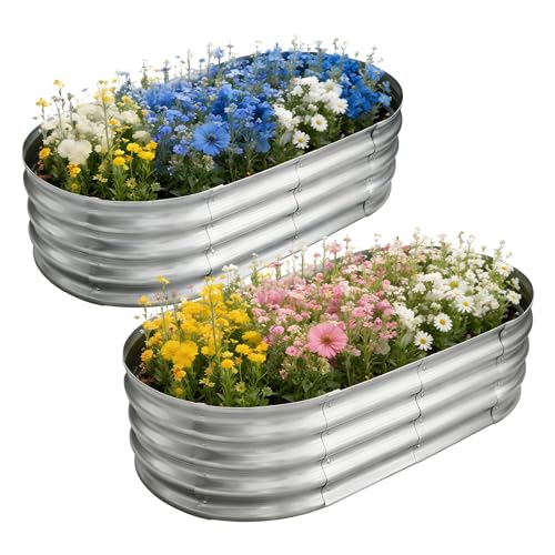 TATAANTY Galvanized Raised Garden Bed for Outdoor: 4X2X1ft Durable Metal Vegetable Plant Container Kit - Oval Planter Box for Gardening Flower Trough （2 Pack）