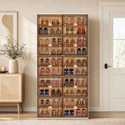 Image of 40 Pairs Shoes Storage Cabinet of 3-Step Fast Installation,Plastic Shoe Rack with Clear Magnetic Door for Display,Foldable Shoe Organizer for Entryway, Living Room, Garage (2 Row, 10 Tier)