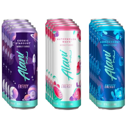 Alani Nu Energy Drink Variety Pack - Breezberry, Watermelon Wave & Cosmic Stardust - 12 Fl Oz - (Pack of 12)