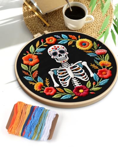 Image of TINDTOP Embroidery Kit for Adult Beginners, Embroidery DIY Starter Kit, with Stamped Patterns, Hoop, Tools, Colorful Threads with Needles, Instructions (Skeleton A)