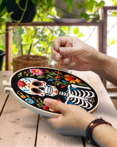 Image of TINDTOP Embroidery Kit for Adult Beginners, Embroidery DIY Starter Kit, with Stamped Patterns, Hoop, Tools, Colorful Threads with Needles, Instructions (Skeleton C)