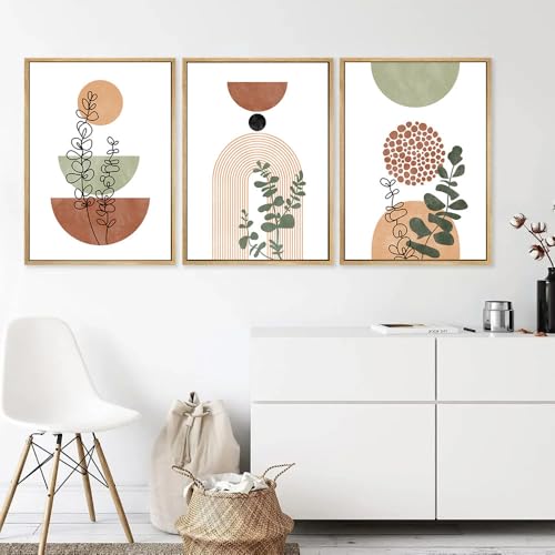 3 carteles decorativos de pared de terracota y verde cuadro artístico abstracto geométrico planta boheme póster de pared impresión sobre lienzo minimalista cartel boho naturaleza salón lienzo sin