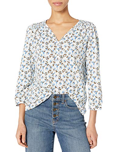 Lucky Brand Women's Long Sleeve V Neck Printed Smocked Peasant Top, Blue Multi, X Small