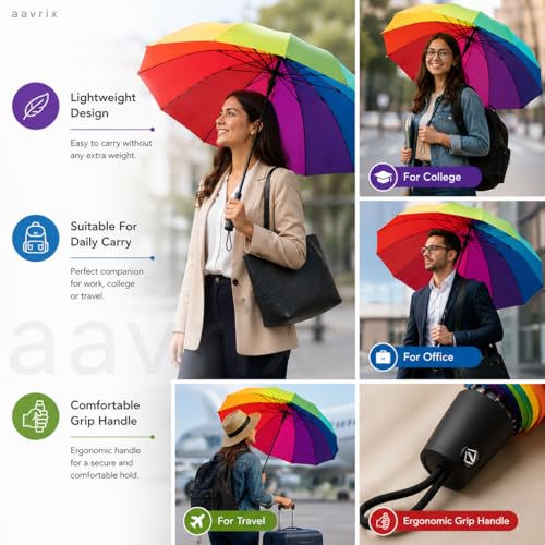 Image of Multicolor Rainbow Umbrella Automatic Open Heavy Duty Windproof Waterproof Strong Straight Umbrella for School Travel Outdoor Rain Protection Umbrella (1 PSC)