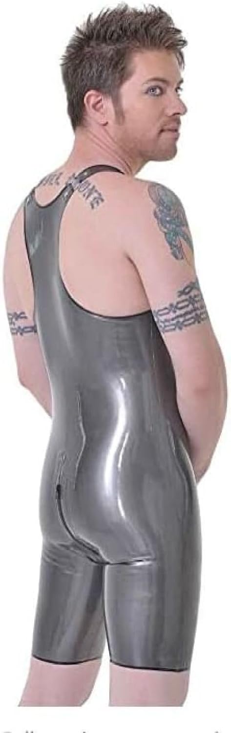 Sexy Silver Men Latex Catsuit Tights Adjustable Shoulder Straps with Crotch Zipper,Silver,Small