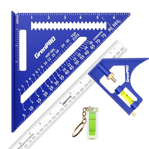 GRENPRO Combination Square Woodworking Ruler Tools, 7inch Carpenter Square Wood Working Tools and Accessories, 12inch Square Ruler, Includes 2-in-1 Carpentry Pencil, Protractor Angle Machinist Tool