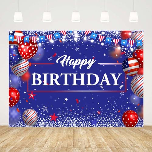 AIBIIN 7x5ft Blue Happy Birthday backdrop for Photography Independence Day Happy 4th of July Background Red White Blue Balloons Flags Party Decorations Banner Supplies Photo Props