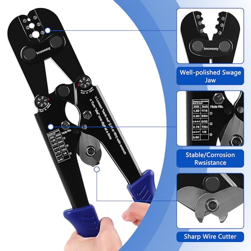 Knoweasy 2-in-1 Wire Rope Crimping and Cutting Tool, for 1/16-Inch to 1/8-Inch Cables, with 100pcs Aluminum Loop Sleeves and 50pcs M3 Thimbles - Comprehensive Rigging Solution