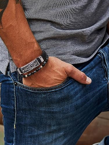 Bandmax Mens Black Leather Braided Wristband with Pendant Gothic Punk Leather Cuff Charm Bracelet Wristband with Stainless Steel Buckle -Gift Packed3