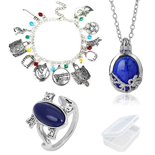 PPX The Vampire Diaries Daywalking Katherine Necklace Pendant Charm Necklace-Royal Blue and Elena Sapphire Crystal Daylight Ring Silver Ring and Bracelet Movie Jewelry Set with Storage Box