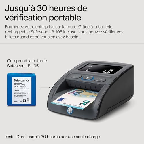 Safescan 155-S Complete détecteur de faux billets portable pour vérifier rapidement les billets - Détection sur 7 points - Machine de vérification d'argent 100% précise avec batterie et empileur – vue 7