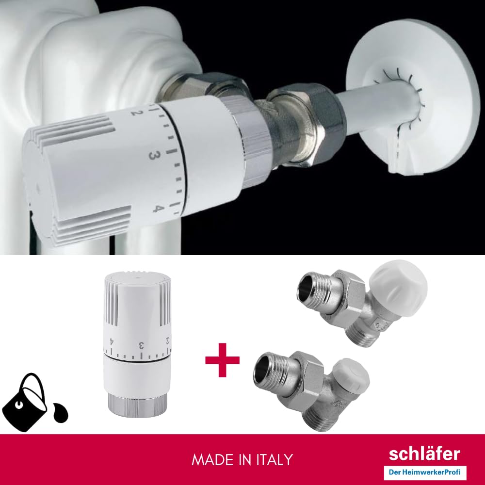 Schläfer 37041202 | Kit Termostatico ad angolo completo con valvola Termostatica 1/2, testa di comando impostazione 0-28 C e detentore 1/2 per termosifone, Termoarredi, Scaldasalviette