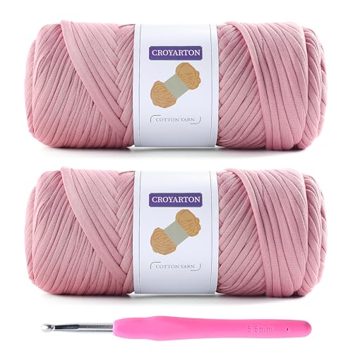 Image of 2 Pack T Shirt Yarn for Crocheting with 1 Crochet Hook, Elastic Tshirt Yarn for Crochet Bag /Baskets /Home Decor, Spaghetti Yarn Thick Knitting Yarn Total Length 130 Yds, Weight 14 Oz (Light Pink)