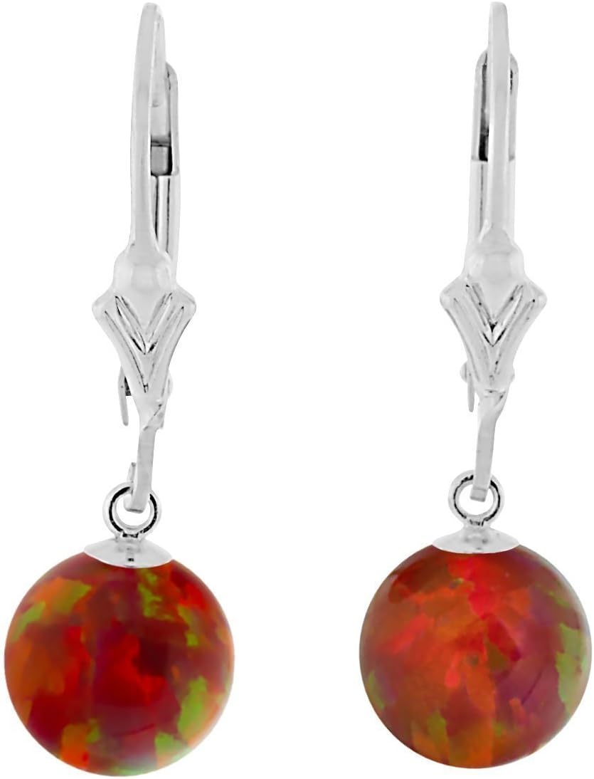 Trustmark Sterling Silver Flame Red Synthetic Opal Ball Leverback Drop Earrings